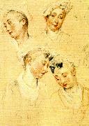 WATTEAU, Antoine fyra huvudstudier av ung kvinna France oil painting reproduction